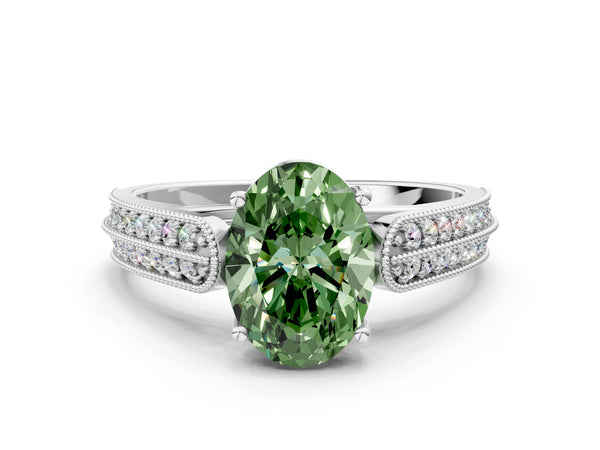 Platinum Fancy Green Oval Cut Cut Pave Split Shank Engagement Ring with Four-Prong Setting