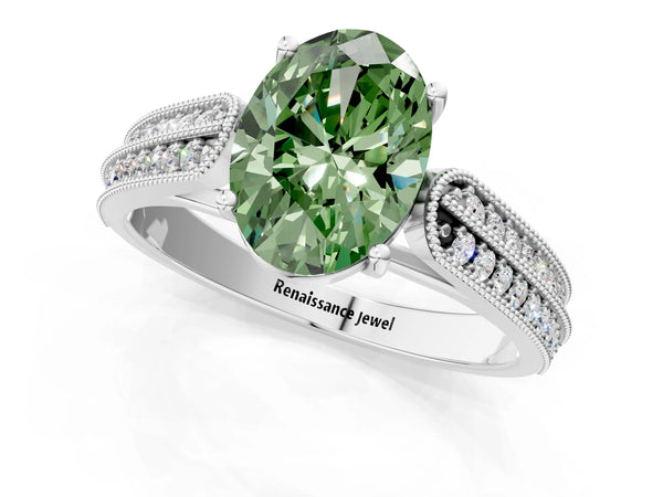 Platinum Fancy Green Oval Cut Cut Pave Split Shank Engagement Ring with Four-Prong Setting