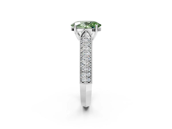 Platinum Fancy Green Oval Cut Cut Pave Split Shank Engagement Ring with Four-Prong Setting