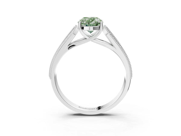 Platinum Fancy Green Oval Cut Cut Pave Split Shank Engagement Ring with Four-Prong Setting