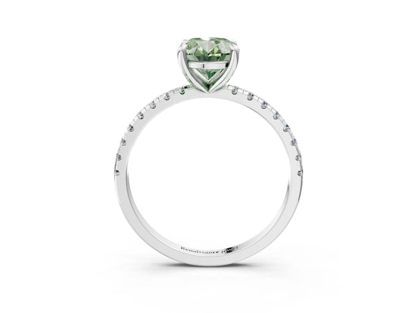 Platinum Fancy Green Oval Cut Diamond Brilliant Solitaire Ring with Pavé Band and Four-Prong Setting