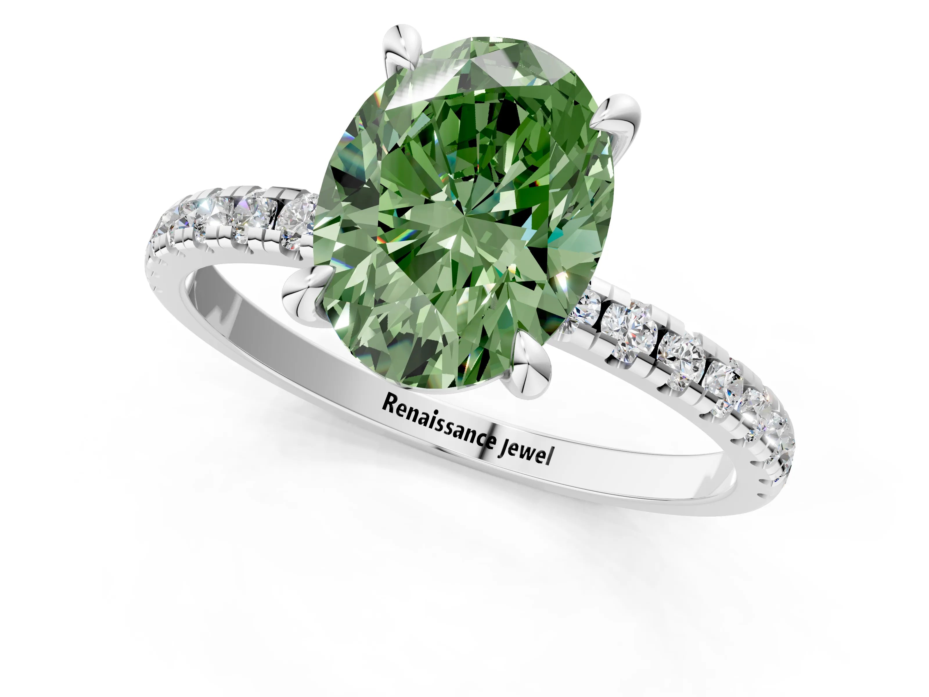 White gold Fancy Green Oval Cut Diamond Brilliant Solitaire Ring with Pavé Band and Four-Prong Setting_1