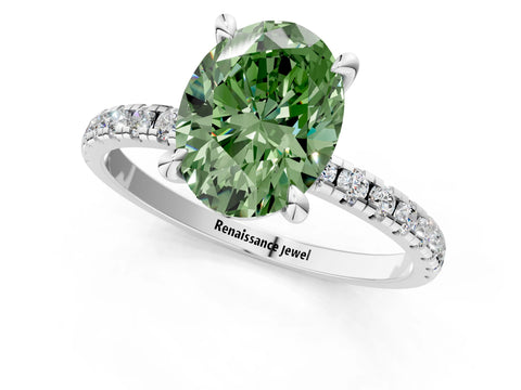 White gold Fancy Green Oval Cut Diamond Brilliant Solitaire Ring with Pavé Band and Four-Prong Setting_1