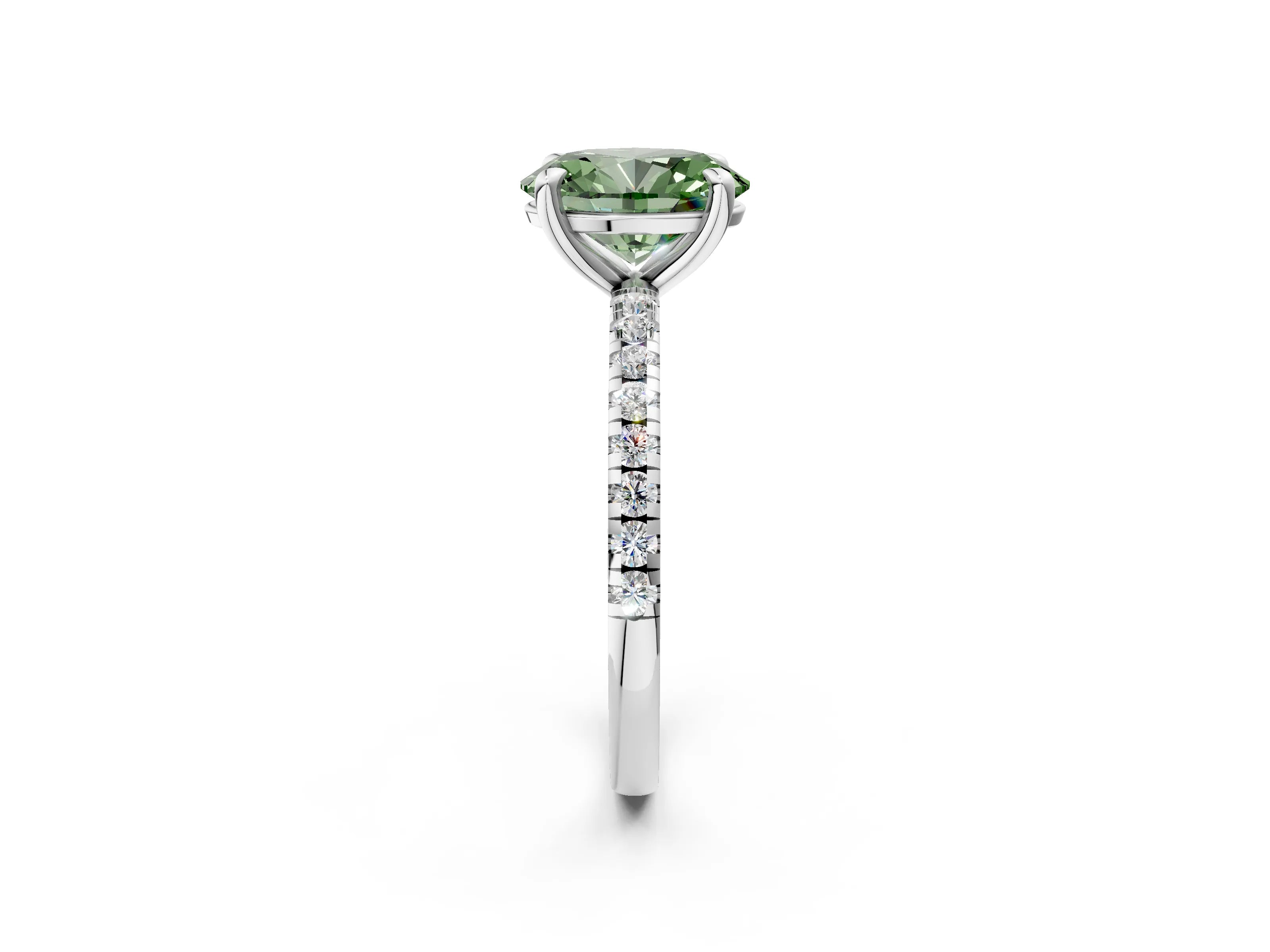 White gold Fancy Green Oval Cut Diamond Brilliant Solitaire Ring with Pavé Band and Four-Prong Setting_2