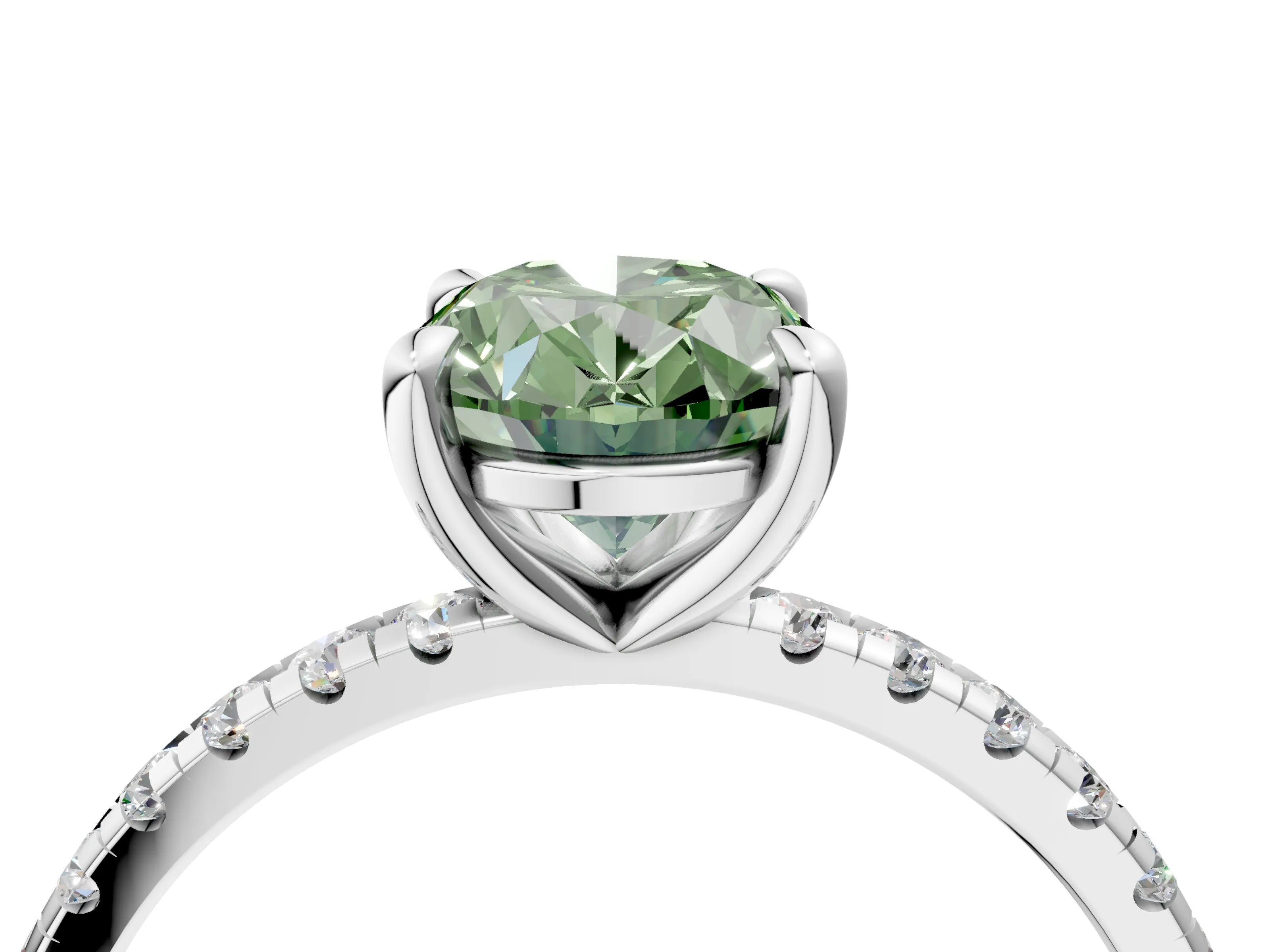 White gold Fancy Green Oval Cut Diamond Brilliant Solitaire Ring with Pavé Band and Four-Prong Setting_4