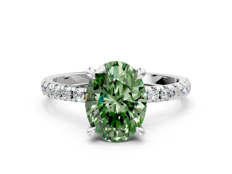 White gold Fancy Green Oval Cut Diamond Brilliant Solitaire Ring with Pavé Band and Four-Prong Setting