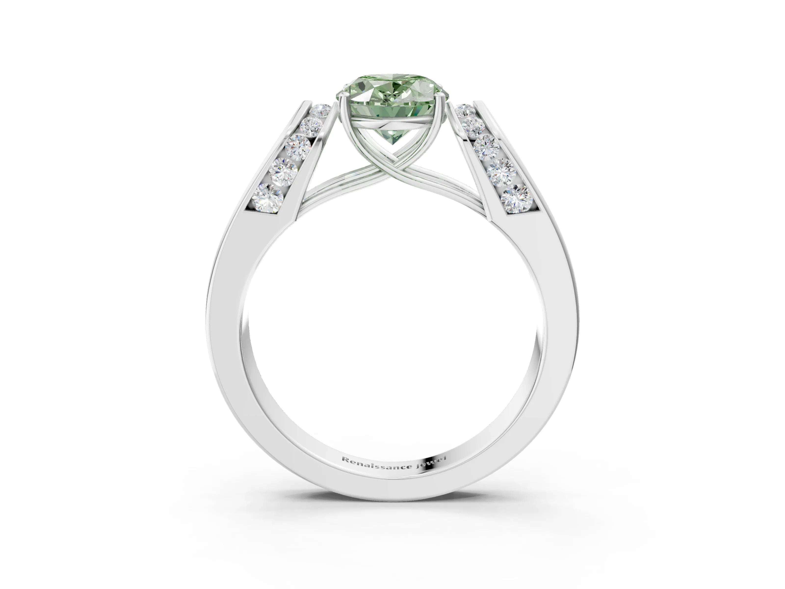 White gold Fancy Green Oval Cut Diamond Channel Set Solitaire Ring with Four-Prong Setting_27