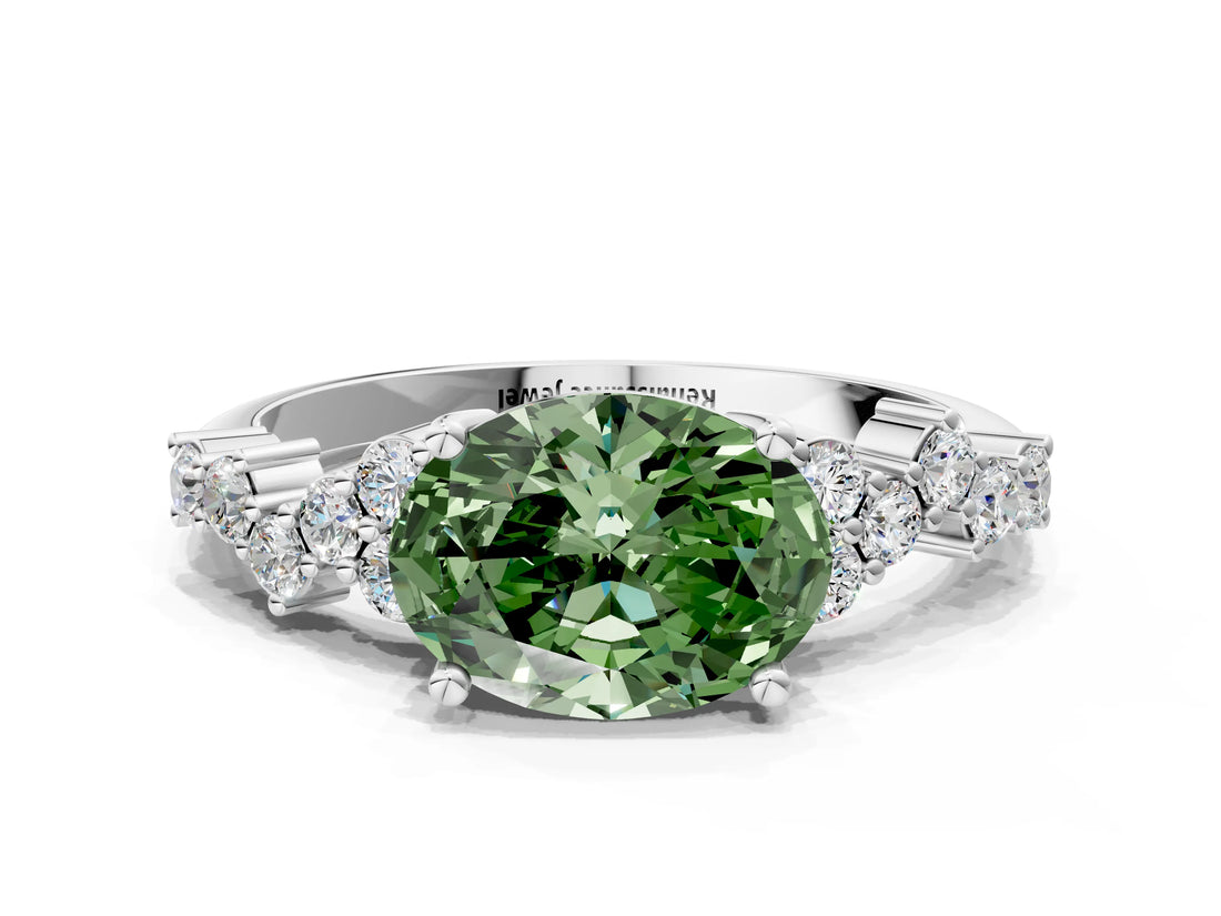 White gold Fancy Green Oval Cut Diamond Cluster Pavé Band with Four-Prong Setting_3