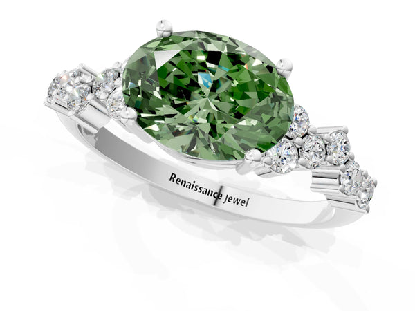 Platinum Fancy Green Oval Cut Diamond Cluster Pavé Band with Four-Prong Setting