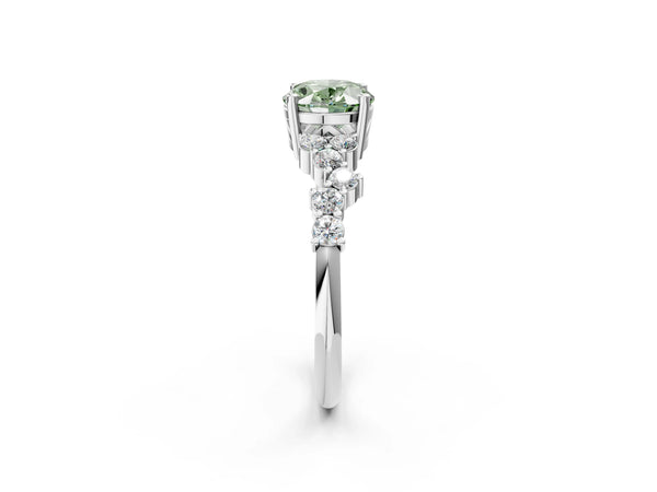 Platinum Fancy Green Oval Cut Diamond Cluster Pavé Band with Four-Prong Setting