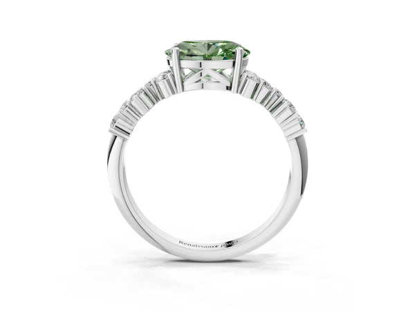 Platinum Fancy Green Oval Cut Diamond Cluster Pavé Band with Four-Prong Setting