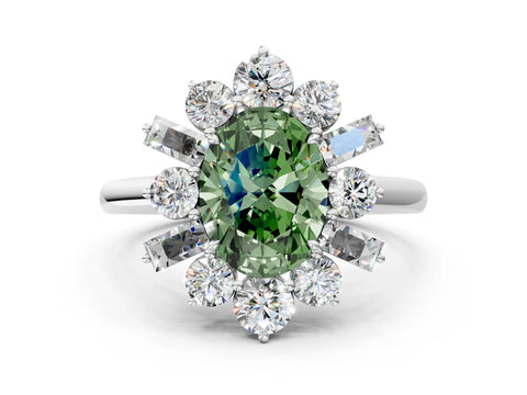 White gold Fancy Green Oval Cut Diamond Cluster Ring with Round and Baguette Stones, Split Shank Band, Prong Setting_12