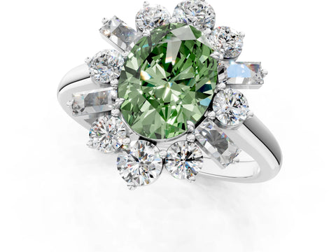 White gold Fancy Green Oval Cut Diamond Cluster Ring with Round and Baguette Stones, Split Shank Band, Prong Setting_13