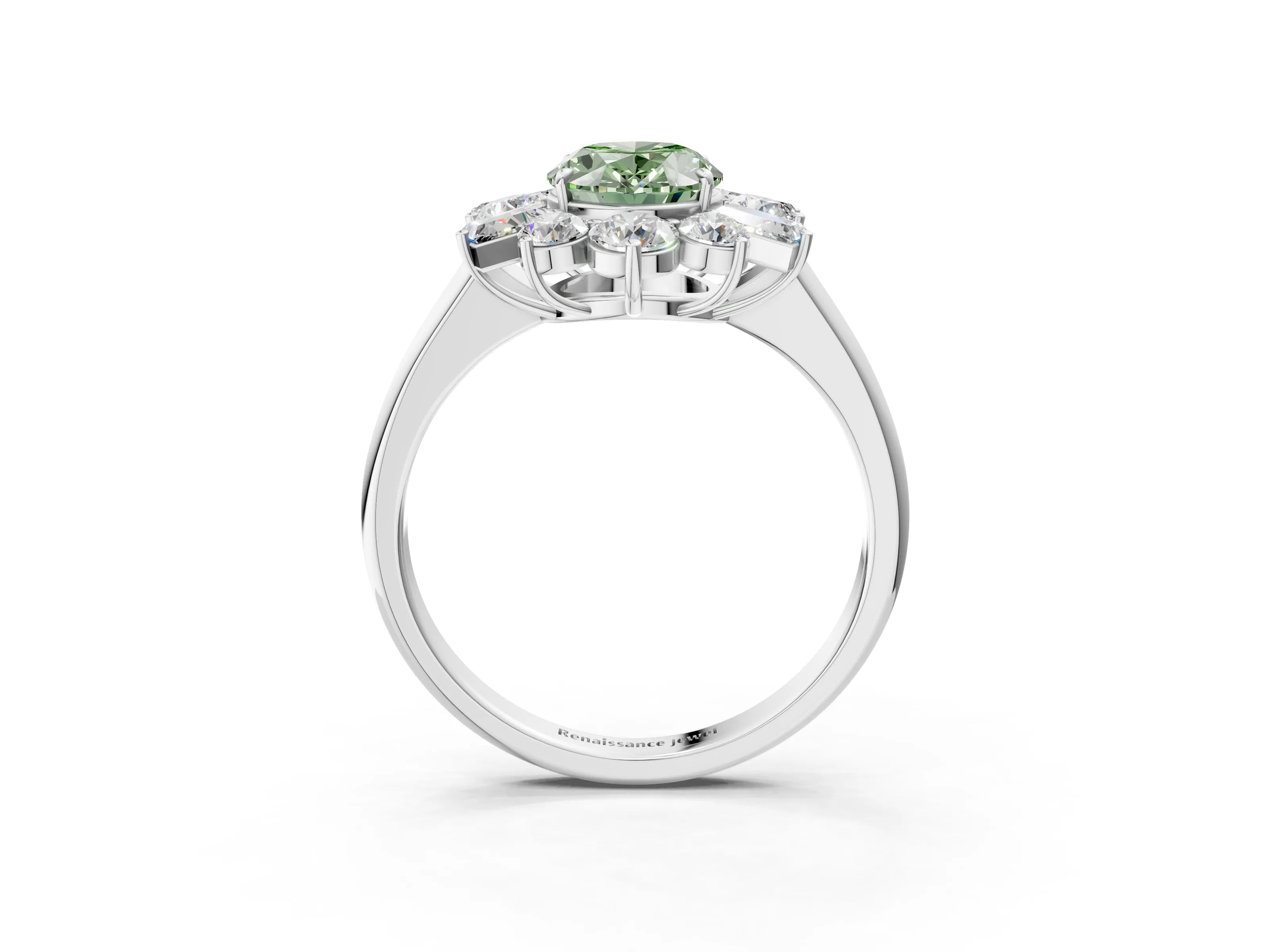 White gold Fancy Green Oval Cut Diamond Cluster Ring with Round and Baguette Stones, Split Shank Band, Prong Setting_15