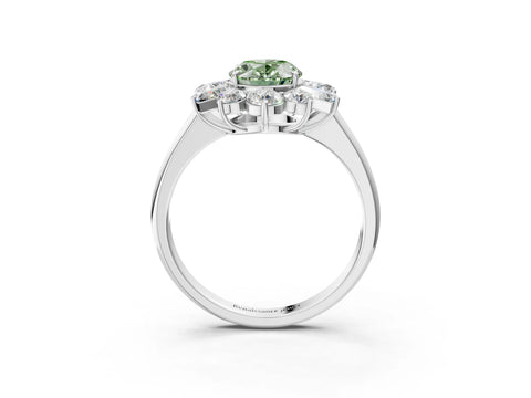 White gold Fancy Green Oval Cut Diamond Cluster Ring with Round and Baguette Stones, Split Shank Band, Prong Setting_15