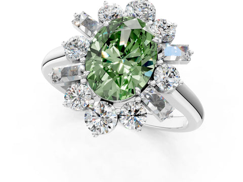 White gold Fancy Green Oval Cut Diamond Cluster Ring with Round and Baguette Stones, Split Shank Band, Prong Setting_1