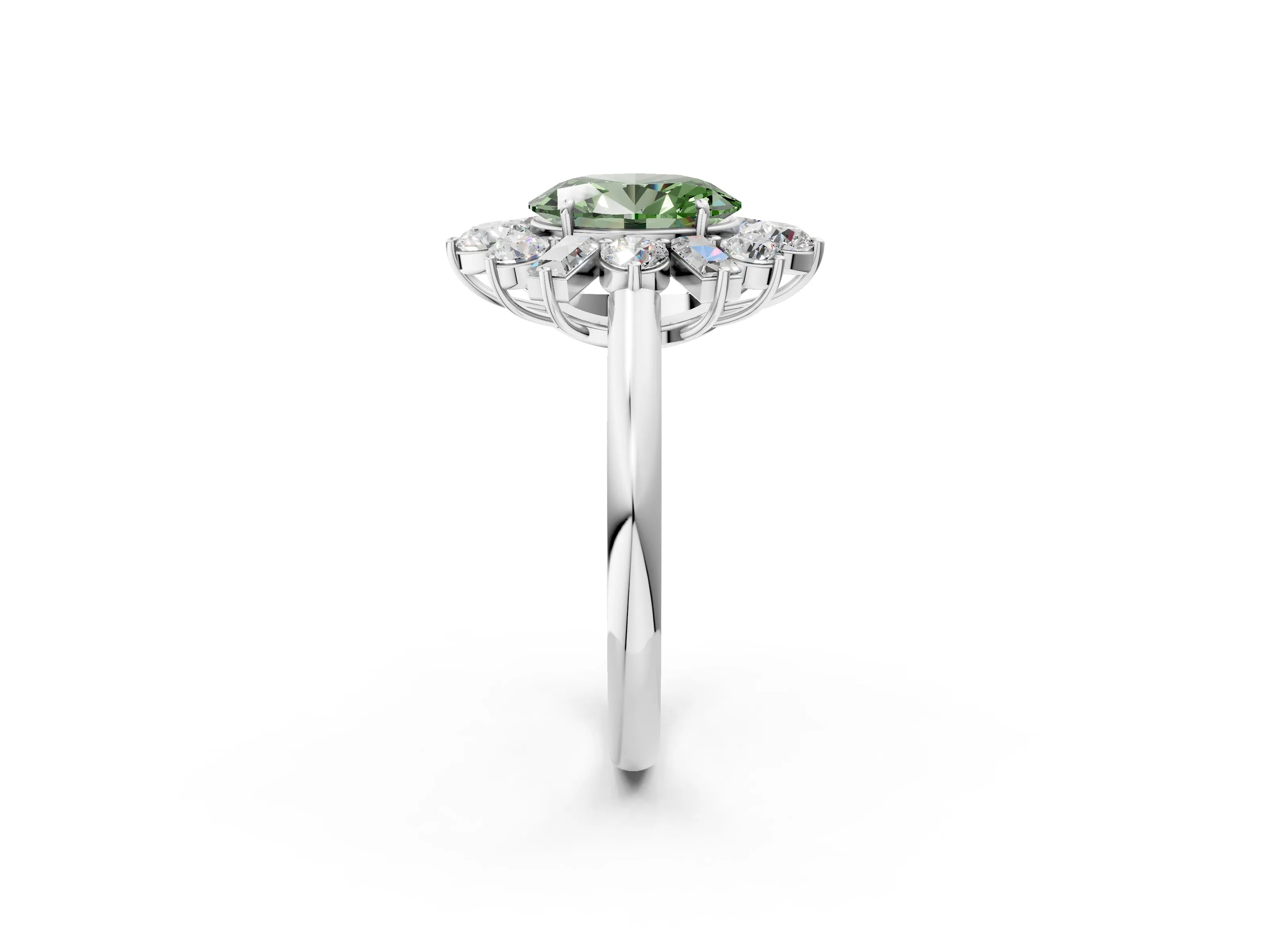 White gold Fancy Green Oval Cut Diamond Cluster Ring with Round and Baguette Stones, Split Shank Band, Prong Setting_2