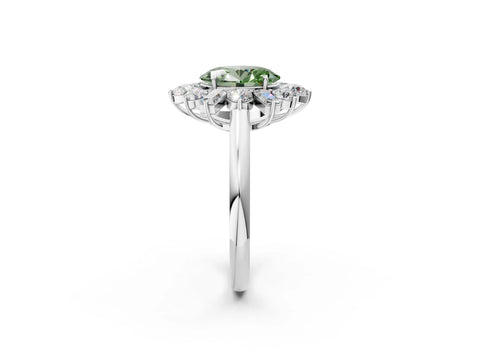 White gold Fancy Green Oval Cut Diamond Cluster Ring with Round and Baguette Stones, Split Shank Band, Prong Setting_2