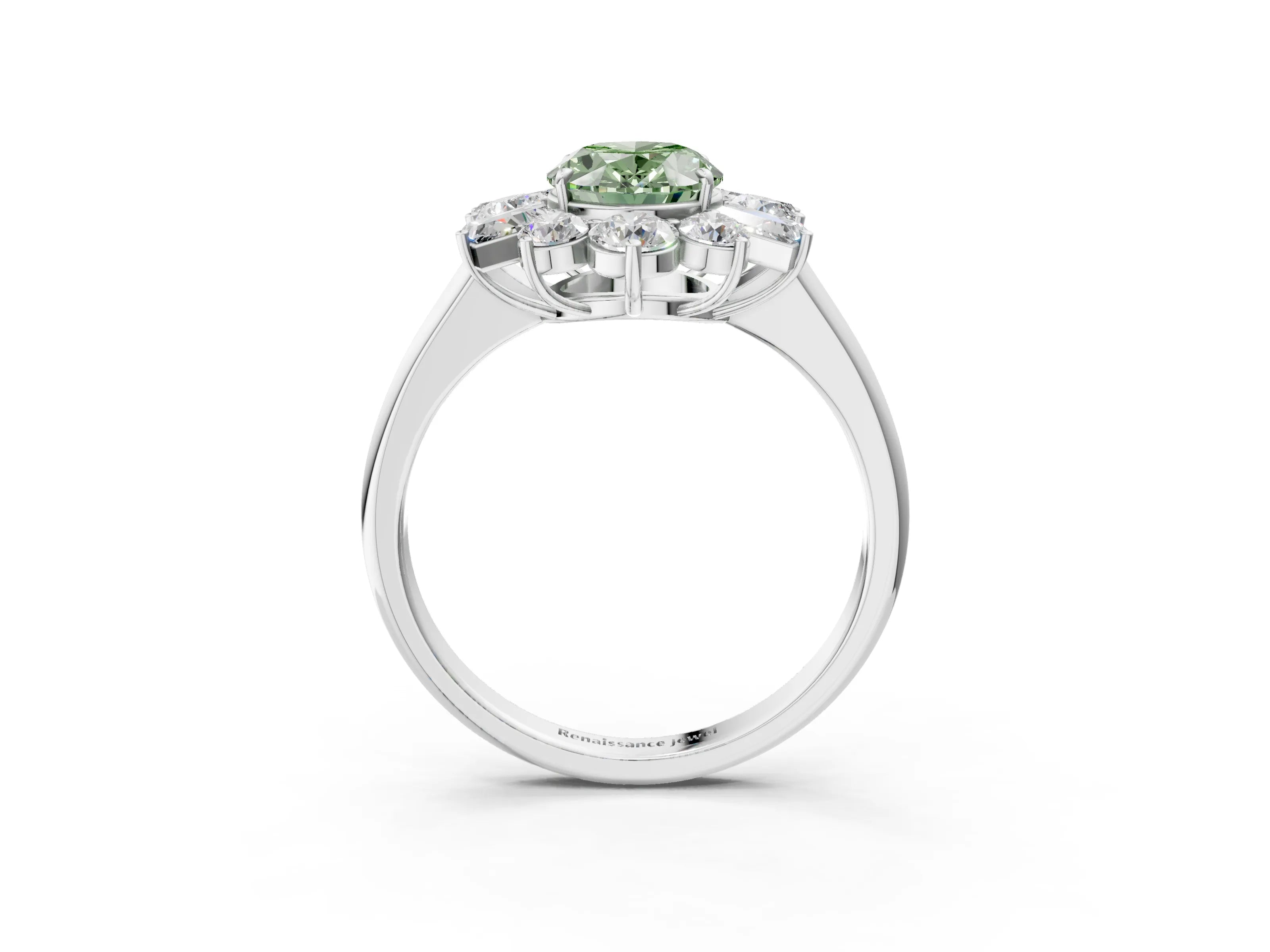 White gold Fancy Green Oval Cut Diamond Cluster Ring with Round and Baguette Stones, Split Shank Band, Prong Setting_3