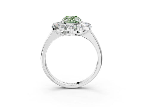 White gold Fancy Green Oval Cut Diamond Cluster Ring with Round and Baguette Stones, Split Shank Band, Prong Setting_3
