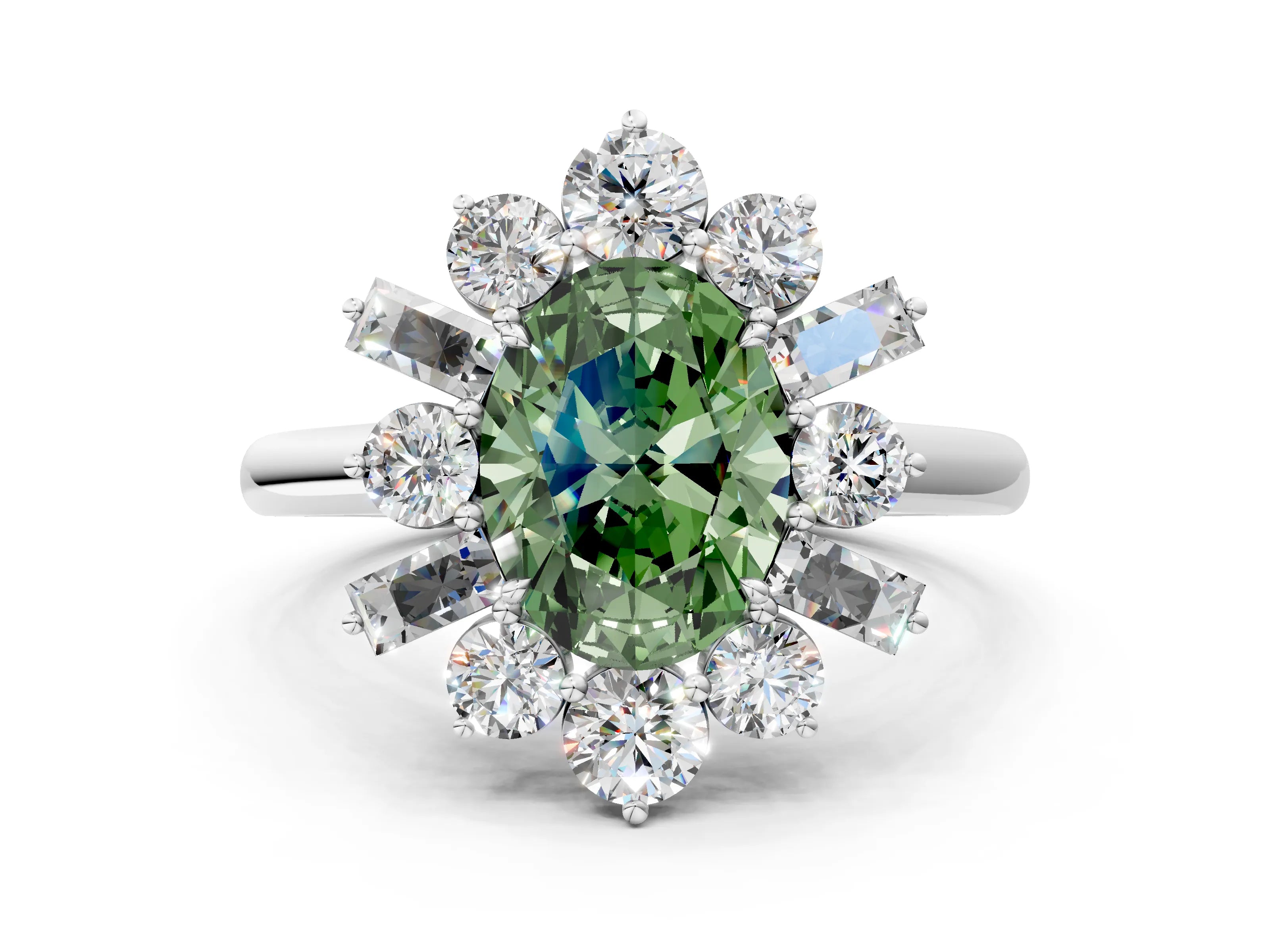 White gold Fancy Green Oval Cut Diamond Cluster Ring with Round and Baguette Stones, Split Shank Band, Prong Setting