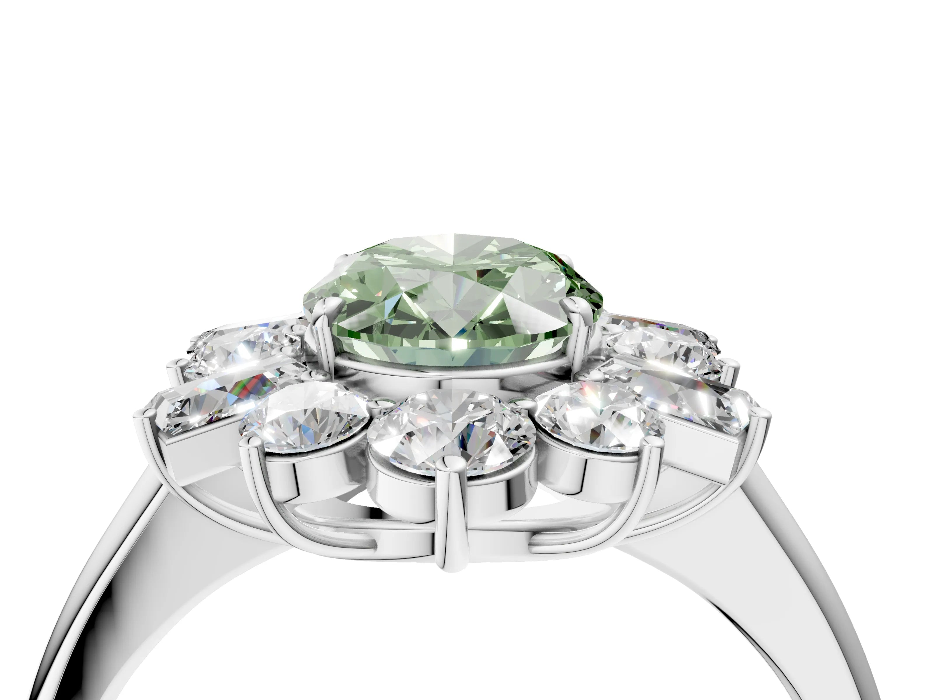 White gold Fancy Green Oval Cut Diamond Cluster Ring with Round and Baguette Stones, Split Shank Band, Prong Setting_4