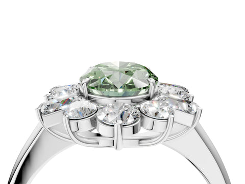White gold Fancy Green Oval Cut Diamond Cluster Ring with Round and Baguette Stones, Split Shank Band, Prong Setting_4