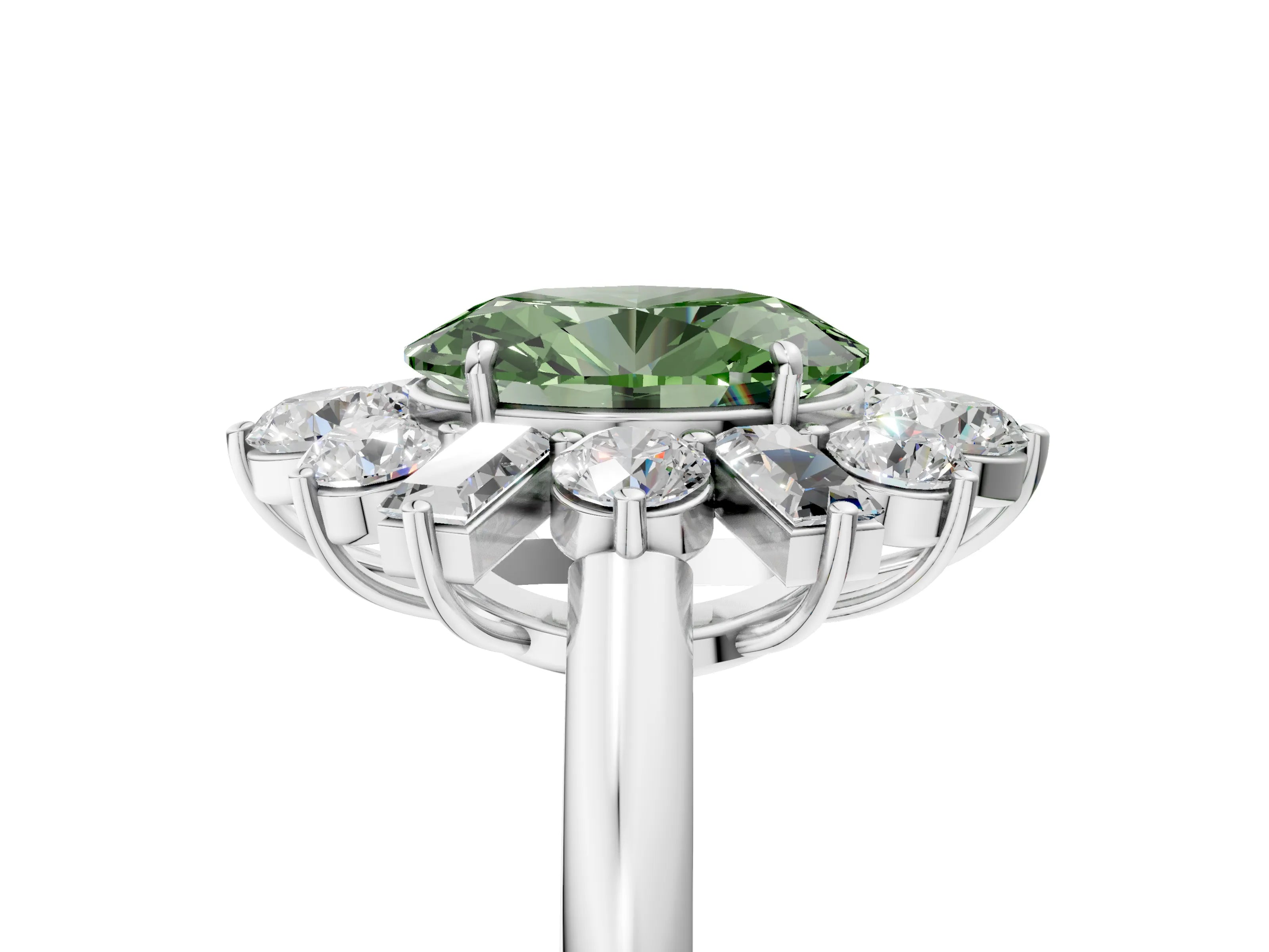 White gold Fancy Green Oval Cut Diamond Cluster Ring with Round and Baguette Stones, Split Shank Band, Prong Setting_5