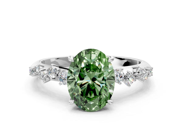 White gold Fancy Green Oval Cut Diamond Cluster Side Stone Solitaire Ring with Prong Setting
