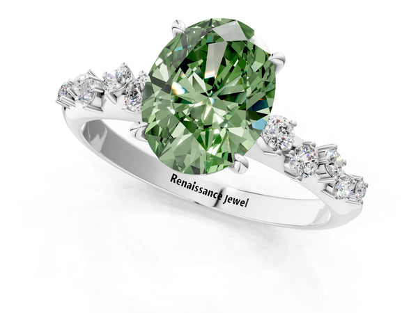 White gold Fancy Green Oval Cut Diamond Cluster Side Stone Solitaire Ring with Prong Setting