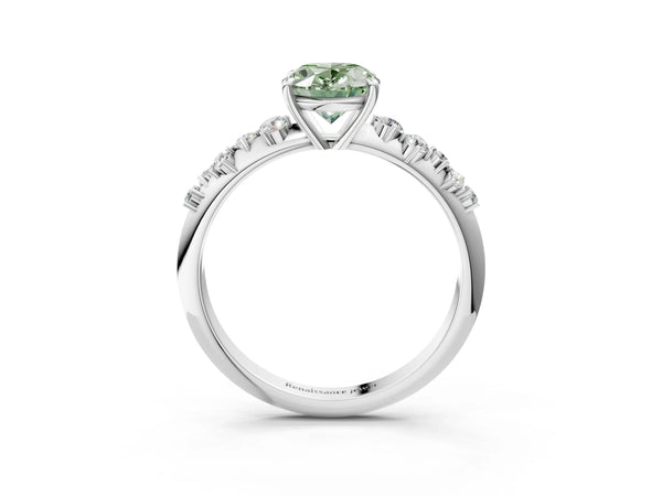 White gold Fancy Green Oval Cut Diamond Cluster Side Stone Solitaire Ring with Prong Setting