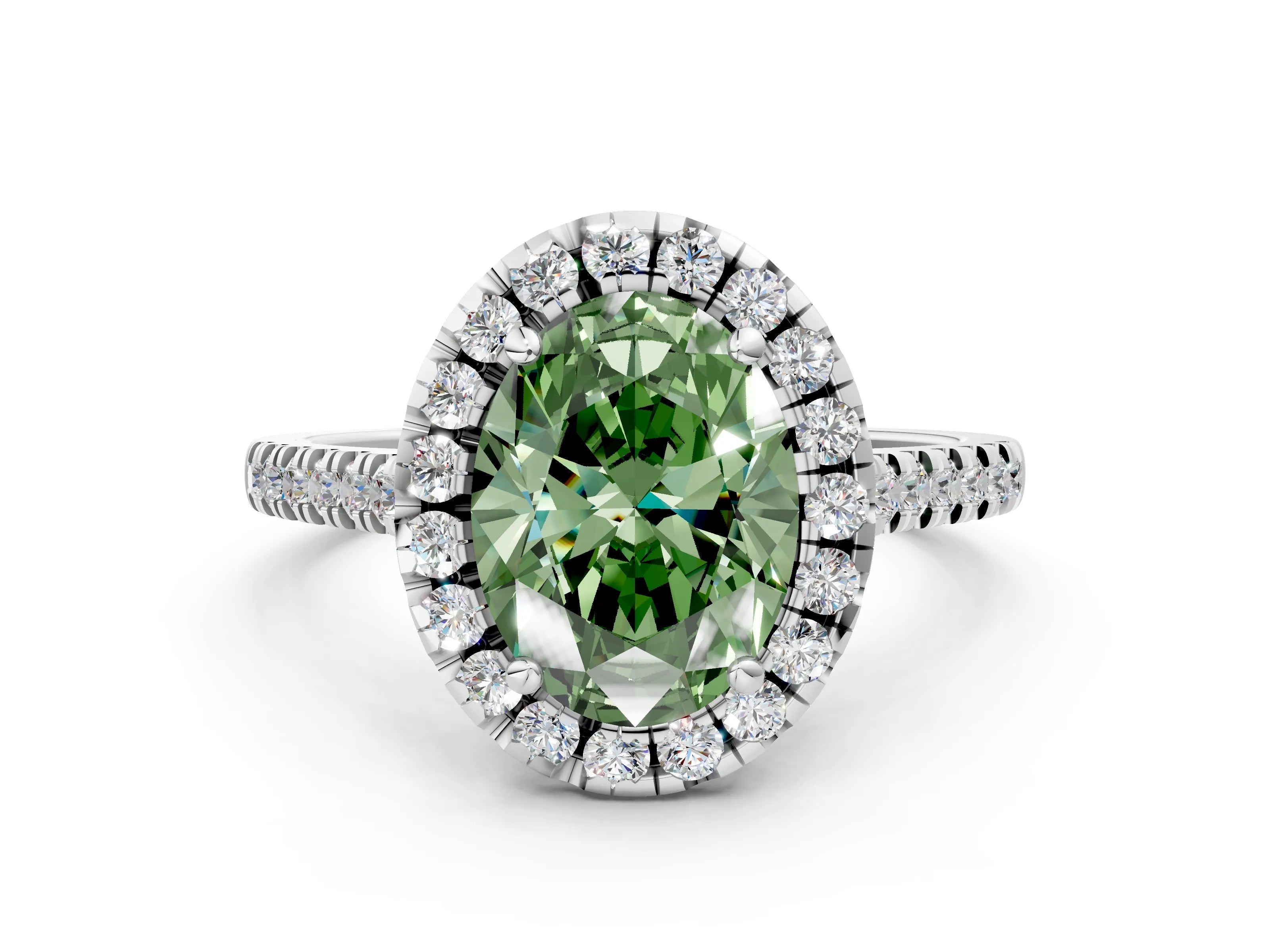 White gold Fancy Green Oval Cut Diamond Cushion Halo Ring with Pavé Band