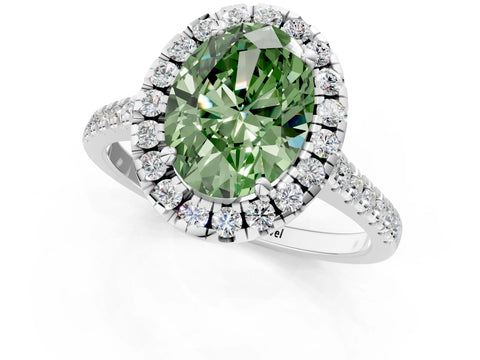 White gold Fancy Green Oval Cut Diamond Cushion Halo Ring with Pavé Band_1
