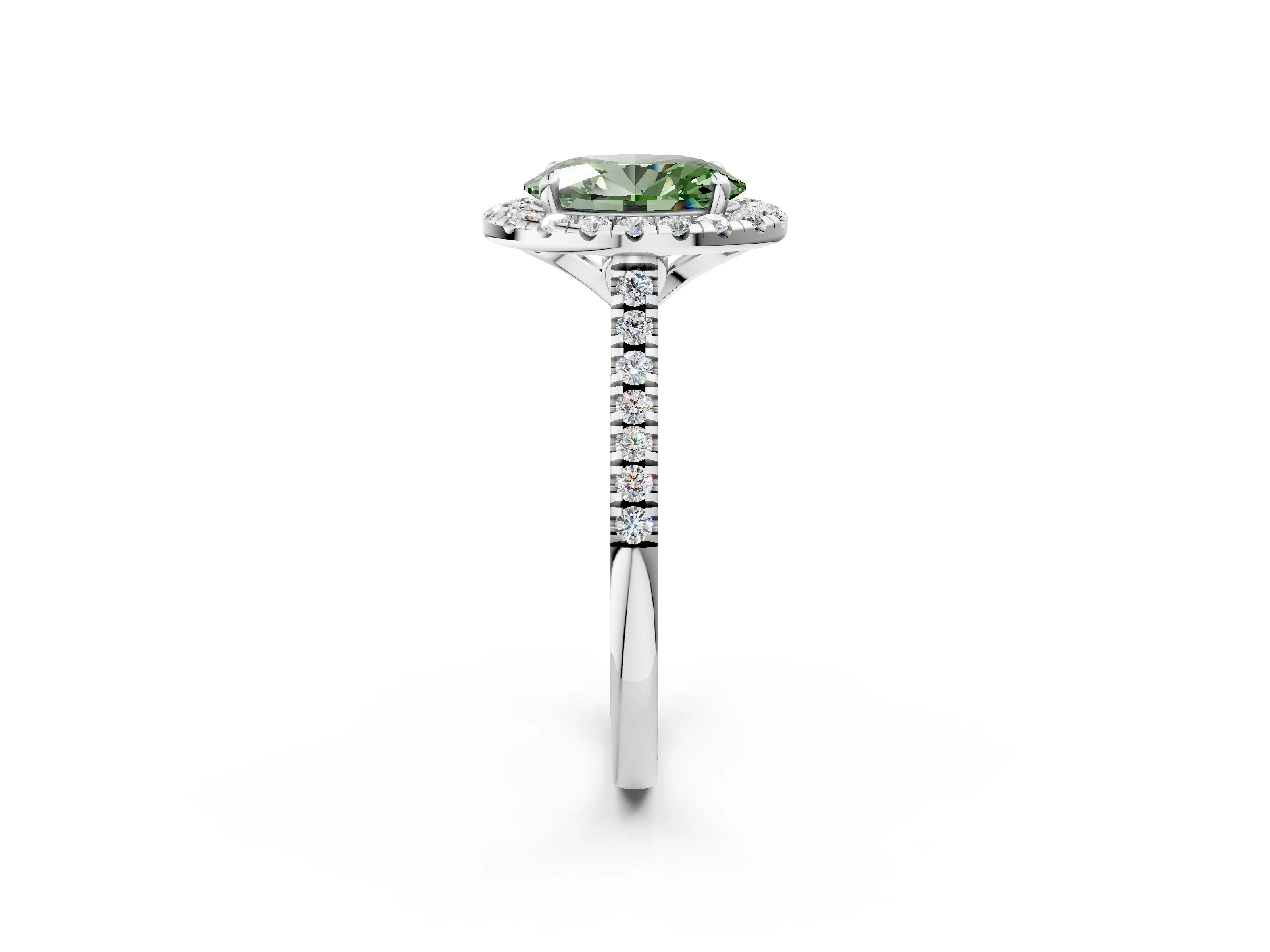 White gold Fancy Green Oval Cut Diamond Cushion Halo Ring with Pavé Band_2