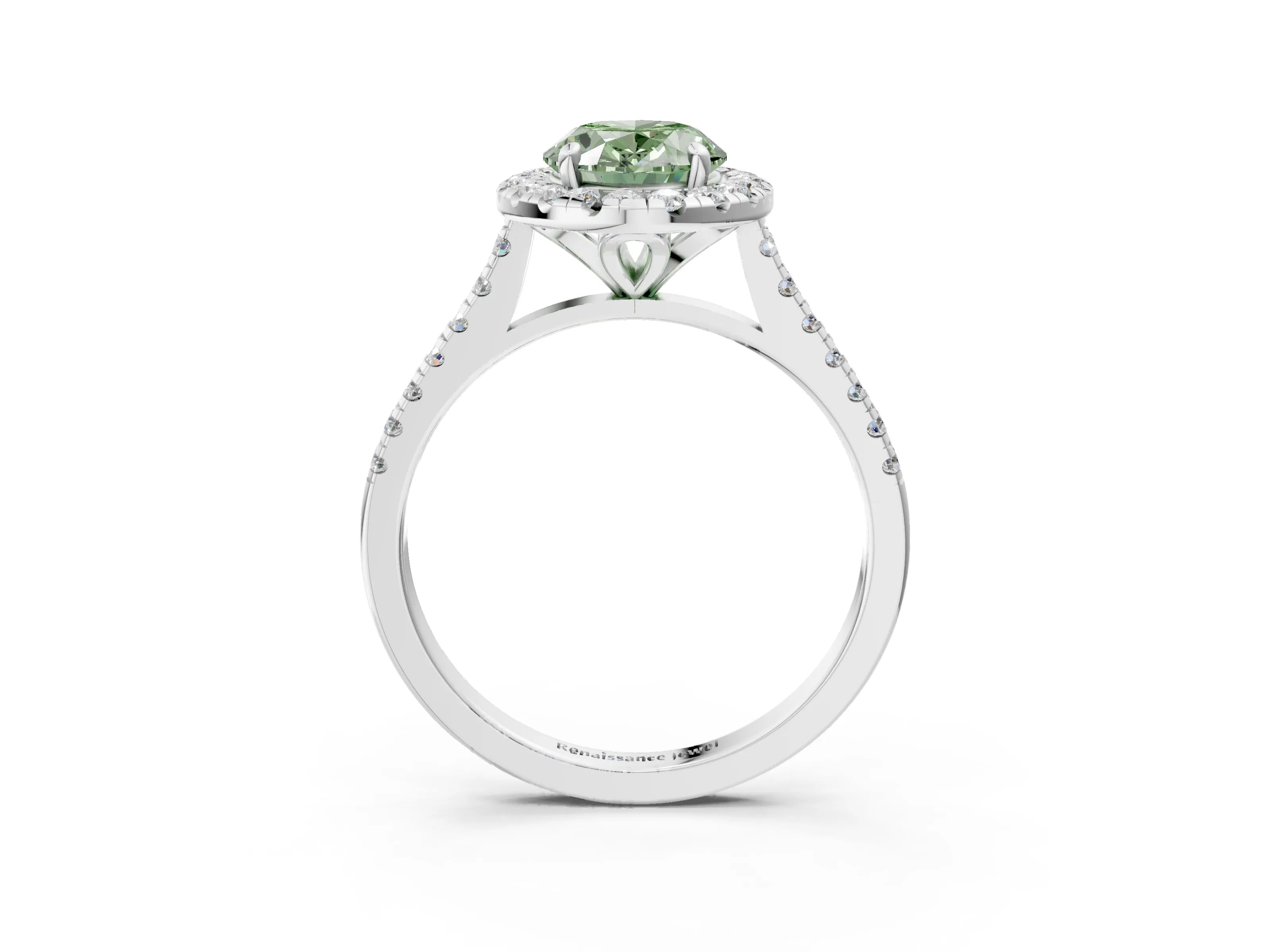 White gold Fancy Green Oval Cut Diamond Cushion Halo Ring with Pavé Band_3