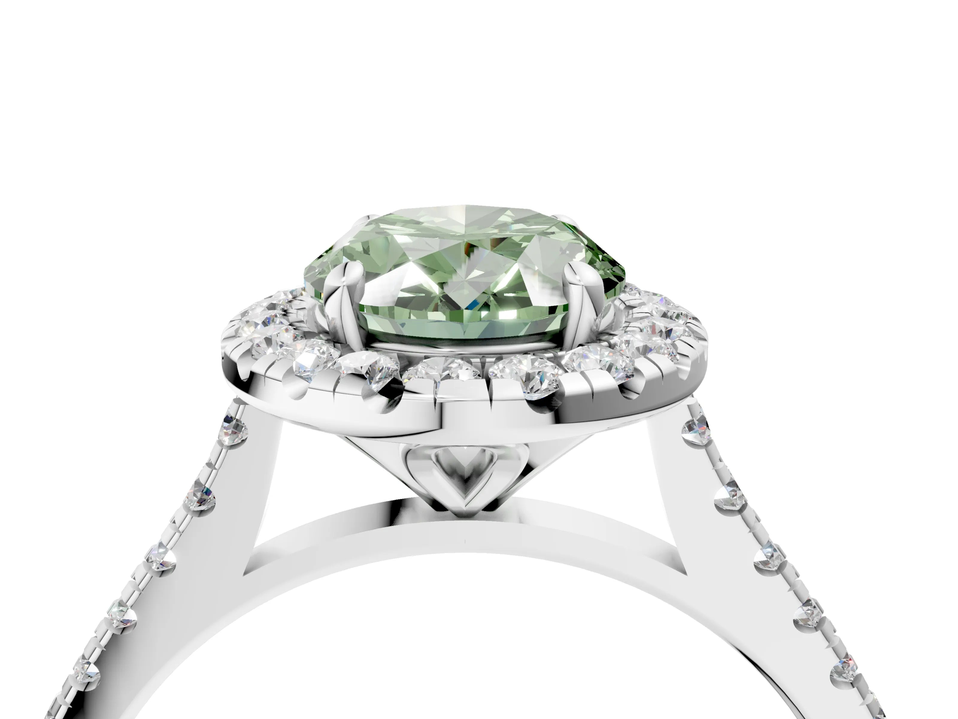 White gold Fancy Green Oval Cut Diamond Cushion Halo Ring with Pavé Band_4
