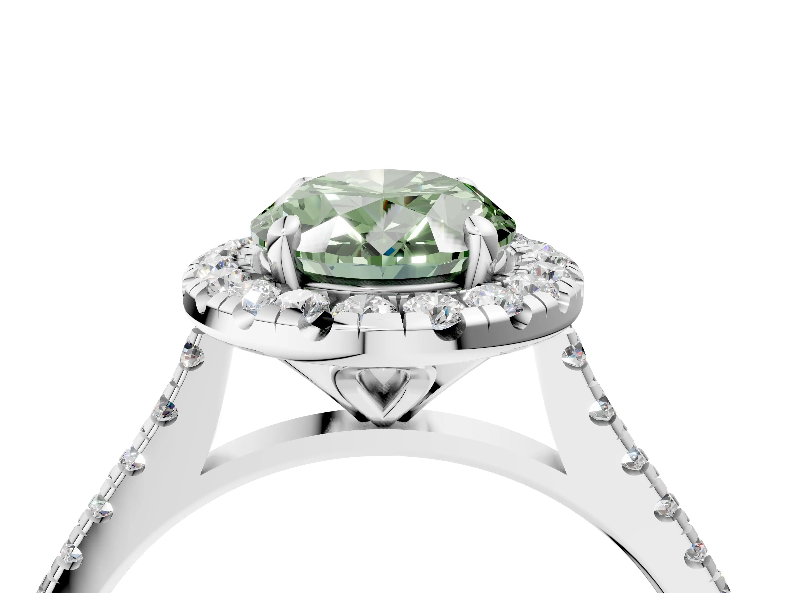 White gold Fancy Green Oval Cut Diamond Cushion Halo Ring with Pavé Band_4