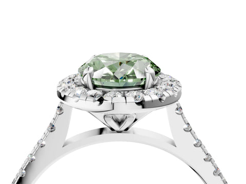 White gold Fancy Green Oval Cut Diamond Cushion Halo Ring with Pavé Band_4