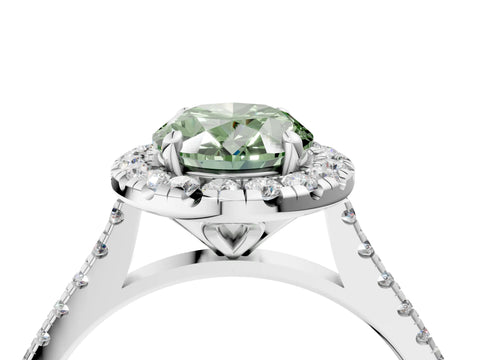 White gold Fancy Green Oval Cut Diamond Cushion Halo Ring with Pavé Band_4