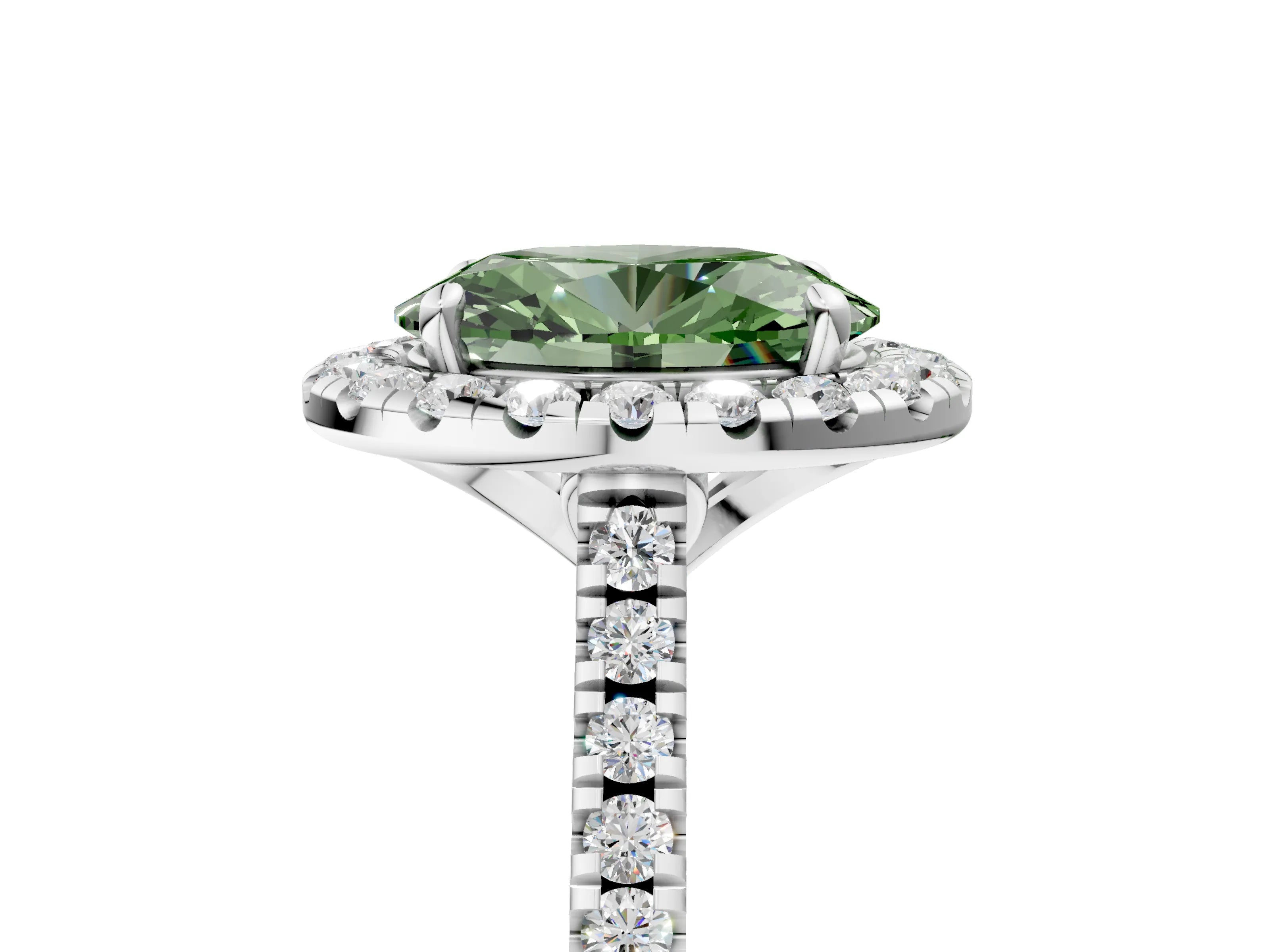 White gold Fancy Green Oval Cut Diamond Cushion Halo Ring with Pavé Band_5