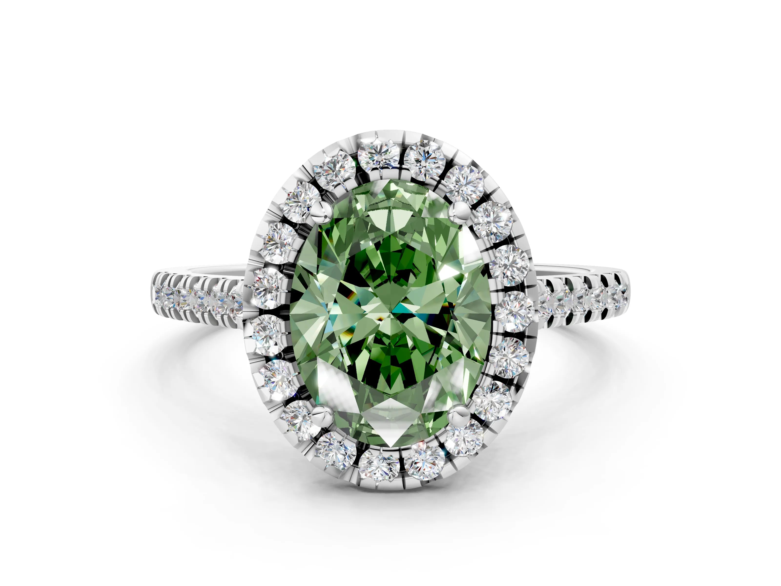 White gold Fancy Green Oval Cut Diamond Cushion Halo Ring with Pavé Band