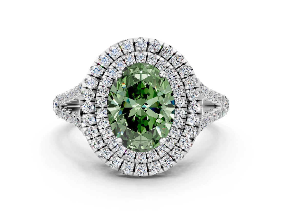 White gold Fancy Green Oval Cut Diamond Double Halo Ring with Pavé Band and Prong Setting_127