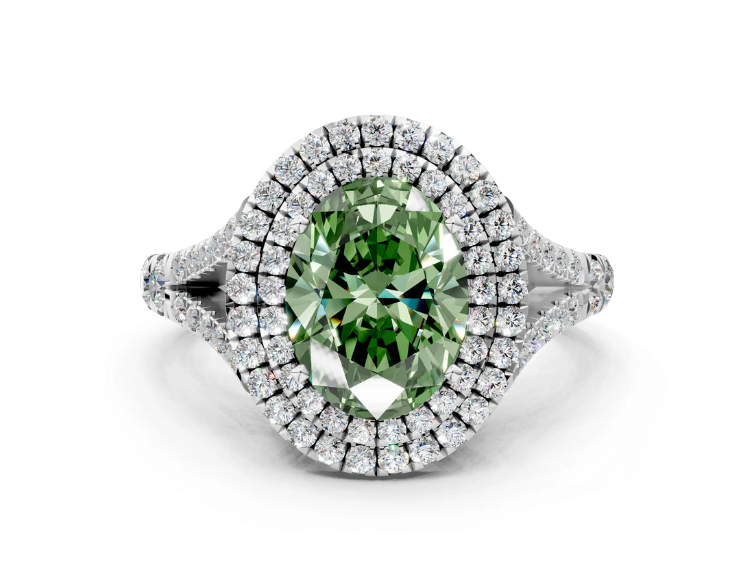 White gold Fancy Green Oval Cut Diamond Double Halo Ring with Split Shank and Prong Setting_27