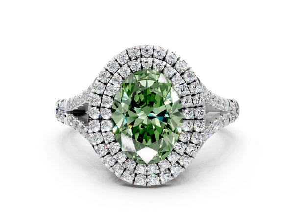 White gold Fancy Green Oval Cut Diamond Double Halo Ring with Split Shank and Prong Setting