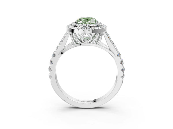 White gold Fancy Green Oval Cut Diamond Double Halo Ring with Split Shank and Prong Setting
