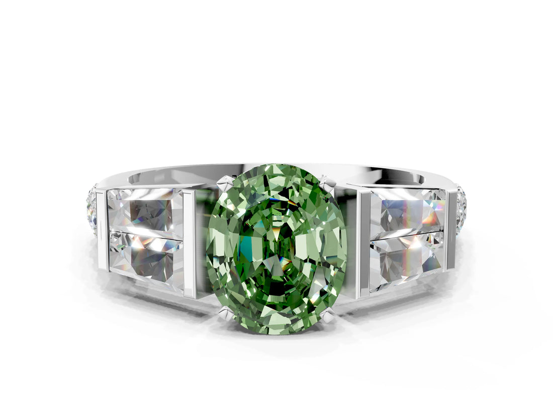 White gold Fancy Green Oval Cut Diamond Engagement Ring with Baguette Side Stones and Channel Set Band_32