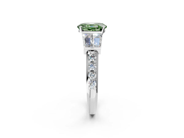 White gold Fancy Green Oval Cut Diamond Engagement Ring with Baguette Side Stones and Channel Set Band