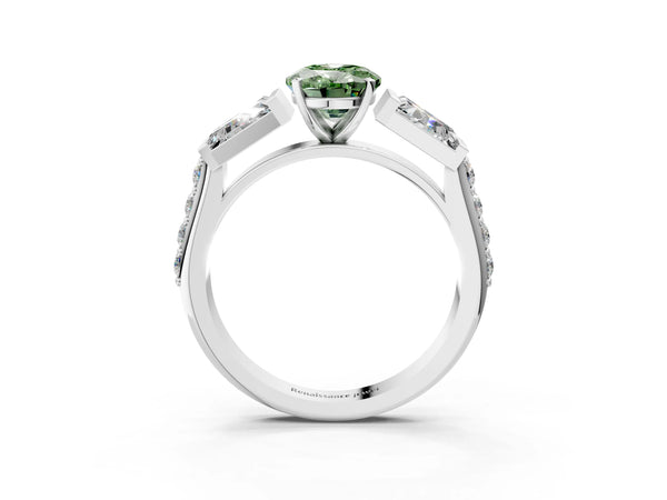 White gold Fancy Green Oval Cut Diamond Engagement Ring with Baguette Side Stones and Channel Set Band