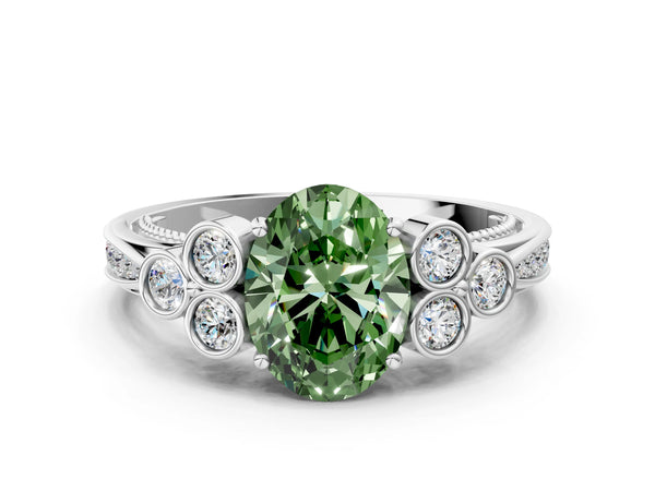 Platinum Fancy Green Oval  Cut Diamond Engagement Ring with Bezel Set Round Side Stones and Prong Setting
