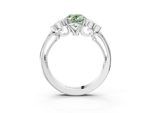 Platinum Fancy Green Oval  Cut Diamond Engagement Ring with Bezel Set Round Side Stones and Prong Setting